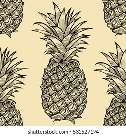 Vector pineapples hand drawn sketch. Vector seamless pattern. Vintage style