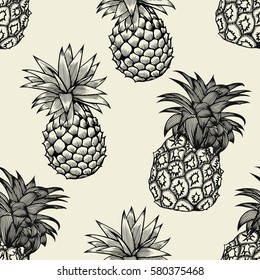 Vector pineapples hand drawn sketch. Vector seamless pattern. Vintage style