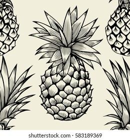 Vector pineapples hand drawn sketch. Vector seamless pattern. Vintage style