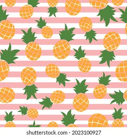 Ilustraciones de piñas vectoriales sobre fondo rayado rosa y blanco Vector patrón de frutos sin fisuras Puede utilizarse como papel envolvente, papel tapiz, banner o fondo de tarjeta, para impresiones o usos en sitios web.