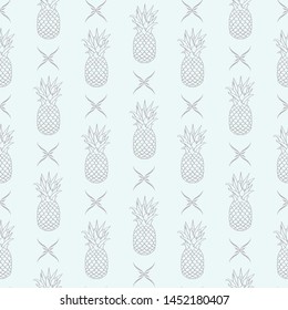 Vector Pineapples in line with Floral Decor on bright seamless pattern background.