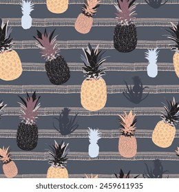 vector pineapples seamless pattern with striped backdrop, perfect for adding summery charm to any project, from textiles to stationery. Ideal for backgrounds, wallpapers, and product packaging.
