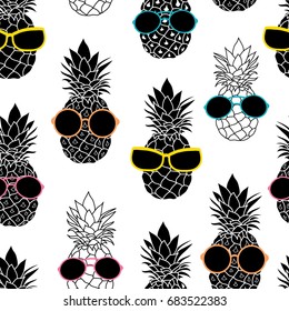 Vector pineapples wearing colorful sunglasses summer vacation tropical seamless pattern. Great for vacation themed fabric, wallpaper, packaging.