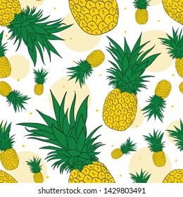 Vector pineapples with yellow circles and dots in a seamless pattern. Perfect for fabrics, notebooks, scrapbooking, wallpaper, gift wrap and so much more. Fresh and Fun summer fruit.