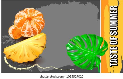 Vector pineapple.Vector Mandarin. Tropical palm leaves and flowers. Vector illustration.Vector image of citrus, lobules, peeled fruit.Picture for sale of fruit. Label, wrapper, poster, leaflet.