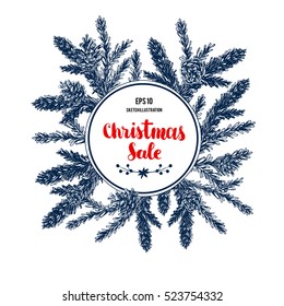 Vector Pinecone Christmas and New Year sale card, hand drawing sketch illustration. Design elements for card holiday decor. Botanical illustration pine cone, cedar. Vintage engraved graphic