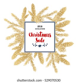 Vector Pinecone. Christmas and New Year sale card, hand drawing sketch illustration. Design elements for card holiday decor. Botanical illustration pine cone, cedar. Vintage engraved graphic.