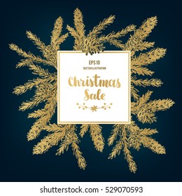 Vector Pinecone. Christmas and New Year sale card, hand drawing sketch illustration. Design elements for card holiday decor. Botanical illustration pine cone, cedar. Vintage engraved graphic.
