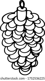 Vector pinecone christmas toy. Hand drawn vector illustration of New Year and Merry Christmas outline decorative fir tree cone shaped toy for Christmas tree. Isolated on white background.