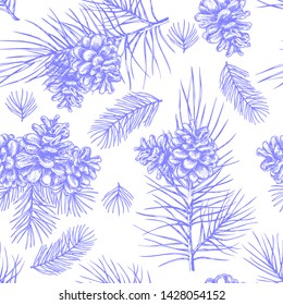 Vector Pinecone pattern seamless, hand drawing sketch illustration. Design elements for card holiday decor. Botanical illustration pine cone, cedar. Vintage engraved graphic