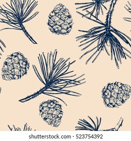 Vector Pinecone pattern seamless, hand drawing sketch illustration. Design elements for card holiday decor. Botanical illustration pine cone, cedar. Vintage engraved graphic