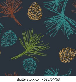 Vector Pinecone pattern seamless, hand drawing sketch illustration. Design elements for card holiday decor. Botanical illustration pine cone, cedar. Vintage engraved graphic