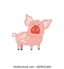 Vector ping pig illustration in cartoon style with curiosity expression. Vector farm animal  