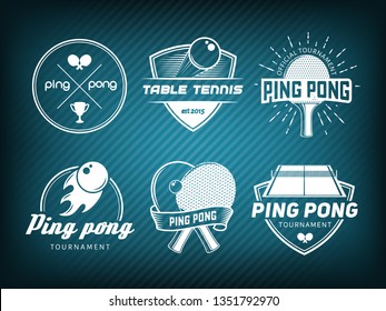 Vector ping pong logos. Set of table tennis badges for tournament, championship or tennis club. Labels with rackets, balls and equipment