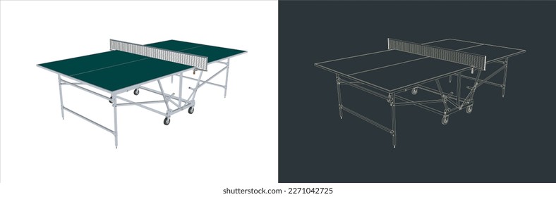 Vector ping pong - Table Tennis Technical Illustration line art  on the blueprint