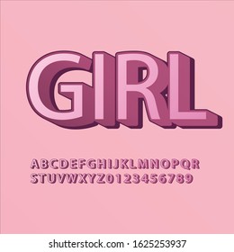 vector pink 3d font alphabet and numbers, girl word