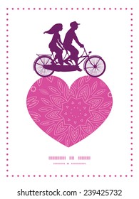 Vector pink abstract flowers texture couple on tandem bicycle heart silhouette frame pattern greeting card template