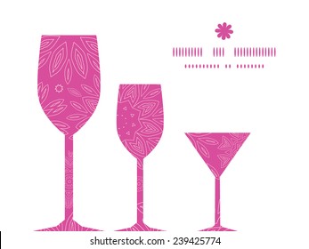 Vector pink abstract flowers texture three wine glasses silhouettes pattern frame