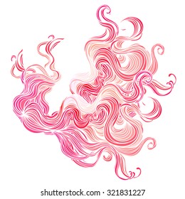 Vector pink abstract hand-drawn pattern with waves and clouds. Stylish illustration in boho style isolated on white. Fabrics, textiles, paper, wallpaper. Retro hand drawn ornament.