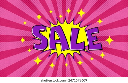 Vector pink advertising banner with text sale in pop art comics style