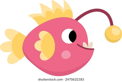 Icono de pez pescador rosa Vector. Bajo el mar ilustración con linda criatura divertida con lámpara. Clipart de animales oceánicos. Dibujos animados bajo el agua o arte de Clip marino para niños aislados sobre fondo blanco
