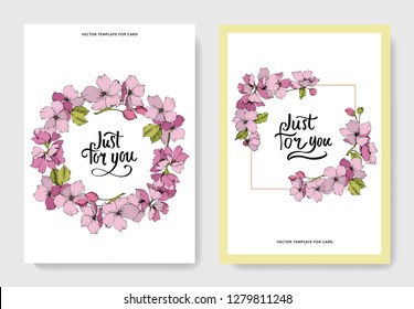 Vector Flor botánica de manzana rosa. Hojas de primavera silvestres aisladas. Arte con tinta grabada. Borde decorativo floral de la tarjeta de fondo de boda. Cartel de juego de gráficos de ilustraciones de tarjetas elegantes de invitación.