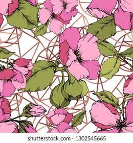 Vector Pink Apple blossom floral botanical flower. Wild spring leaf isolated. Engraved ink art. Seamless background pattern. Fabric wallpaper print texture.