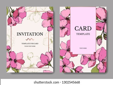 Vector Pink Apple blossom floral botanical flower. Wild spring leaf isolated. Engraved ink art. Wedding background card floral decorative border. Elegant card illustration graphic set banner.