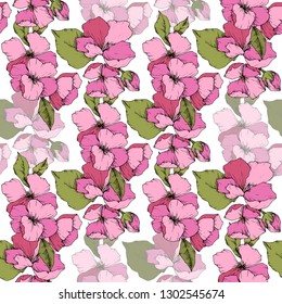 Vector Pink Apple blossom floral botanical flower. Wild spring leaf isolated. Engraved ink art. Seamless background pattern. Fabric wallpaper print texture.