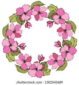 Vector Pink Apple blossom floral botanical flower. Wild spring leaf isolated. Engraved ink art. Frame border ornament square on white background.