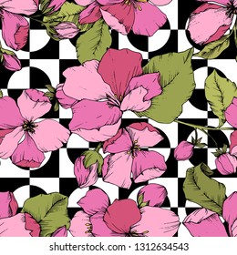 Vector Pink Apple blossom floral botanical flower. Wild spring leaf isolated. Engraved ink art. Seamless background pattern. Fabric wallpaper print texture.