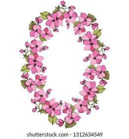 Vector Pink Apple blossom floral botanical flower. Wild spring leaf isolated. Engraved ink art. Frame border ornament square on white background.