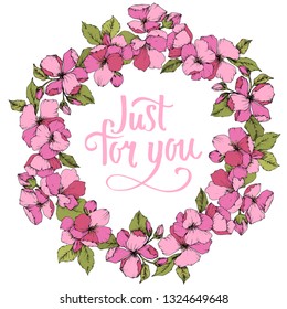 Vector Pink Apple blossom floral botanical flower. Wild spring leaf isolated. Engraved ink art. Frame border ornament square on white background.