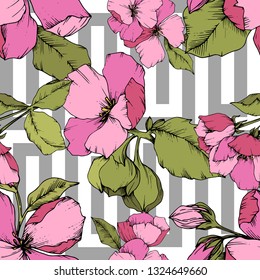 Vector Pink Apple blossom floral botanical flower. Wild spring leaf isolated. Engraved ink art. Seamless background pattern. Fabric wallpaper print texture.