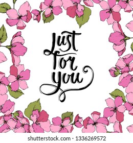Vector Pink Apple blossom floral botanical flower. Wild spring leaf isolated. Engraved ink art. Frame border ornament square on white background.