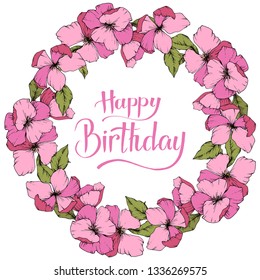 Vector Pink Apple blossom floral botanical flower. Wild spring leaf isolated. Engraved ink art. Frame border ornament square on white background.