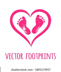 Vector Pink Baby Footprints Silhouette Print Design. Footsteps In Outline Heart Frame Shape. Baby Shower Decor. New Born Sign Icon. It's A Girl,boy. Abstract Love Symbol.Vinyl Wall Sticker Decal.Care.