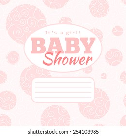 Vector pink baby shower party invitation (baby girl) with doodled swirls and empty space for text. Background is seamless pattern, may be used separately for other printed works.