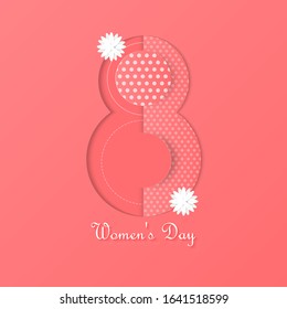 Vector pink background of 8 March greeting card for International Women's Day.
