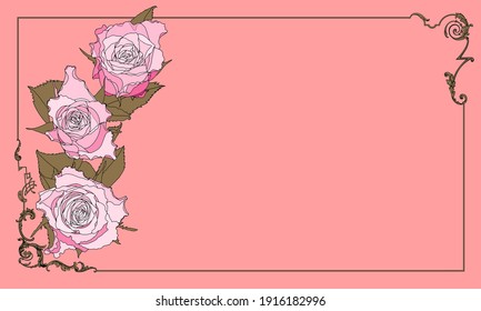 Vector pink background with blooming roses with baroque frame. Template for congratulations. 