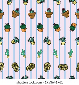 Vector pink background cactus plant in pot, succulents seamless pattern. Seamless pattern background