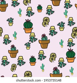 La planta de cactus de fondo rosa vectorial en la olla, suculenta un patrón sin fisuras. Fondo de patrón sin problemas