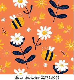 Vector pink background with cartoon bees and daisies. Floral pattern. Pink gentle seamless background. Fabric, paper, wallpaper.