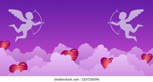 Vector pink background with clouds, cupids and flying hearts