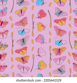 Vector pink background with cute butterflies lined up in a row seamless pattern. Perfect for fabric, wallpaper, projects.