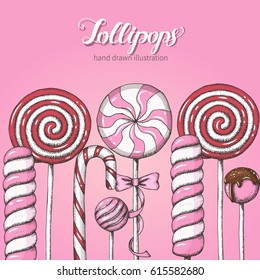Vector pink background with hand drawn various candies. Set of lollipops for menu, advertising and banners. Sketch, lettering.