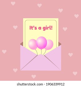 Vector pink background with heart and greating card. Perfect as announcement or greeting card for girl's parents