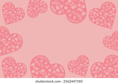  Vector pink background with hearts decorated with flowers.