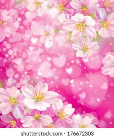 Vector pink background with hearts and flowers.