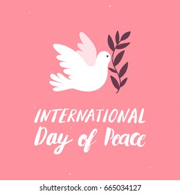 Vector pink background for International Day of peace. Concept illustration with dove of peace, olive branch and hand written text.